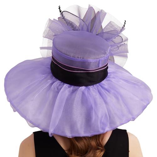 Women Organza Church Derby Hat Wide Brim Sun Caps for Wedding Tea Party Hat with Detachable hat Flower as Headgear - color: 10-purple