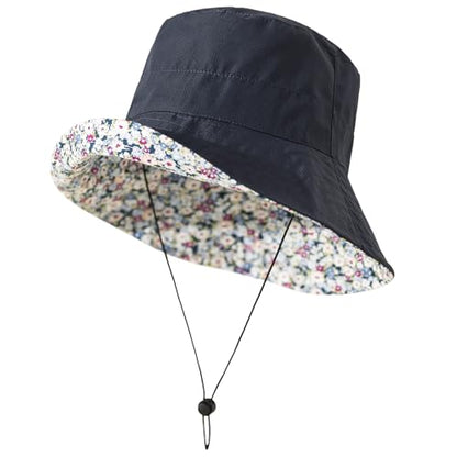 Lightweight Soft Women's Sun Hat, Floral Print UPF50+ UV Protection Bucket Hat, Foldable Portable, for Beach Vacation - color: Navy