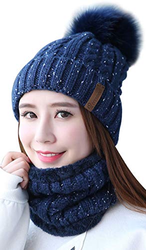 IYEBRAO Womens Winter Knit Beanie Hat and Scarf Set Girls Cute Slouchy Thick Fleece Lined Ski Hat Warm Skull Cap with Pom - color: Navy Blue