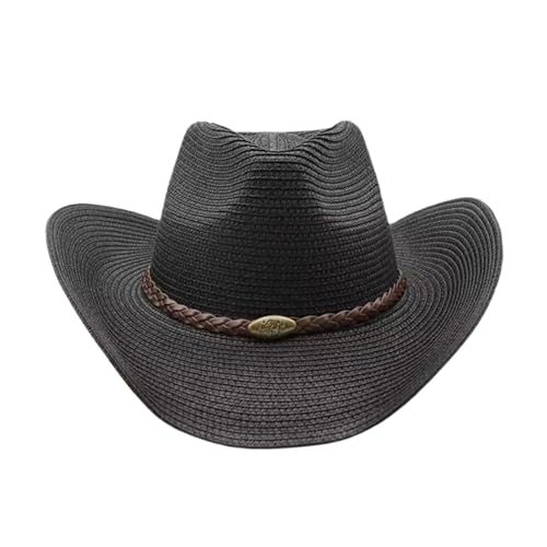 Straw Cowgirl Hat for Women Cowboy Hats for Men Wide Brim Sun Hat Shapeable Western Hat Beach Hat - color: A-black
