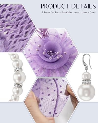 Fascinators Hat for Women Tea Party Fascinator Headband with Gloves Tea Party Accessories for Ladies - color: Light Purple