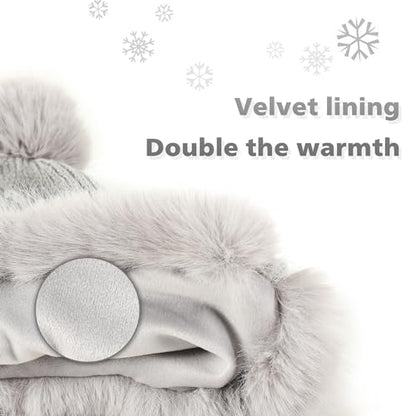 Winter Hats Cute Kint Hat Russian Fur Crochet Hat Slouchy Beanies with Pompom Warm Fuzzy Snow Cap Trapper Hat for Women - color: Gray