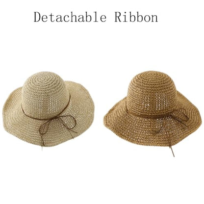 Women Straw Sun Hat Summer Beach Hats Foldable Floppy Cap Wide Brim Bucket Hat Solid Handmade Sun Protection Caps - color: Khakia