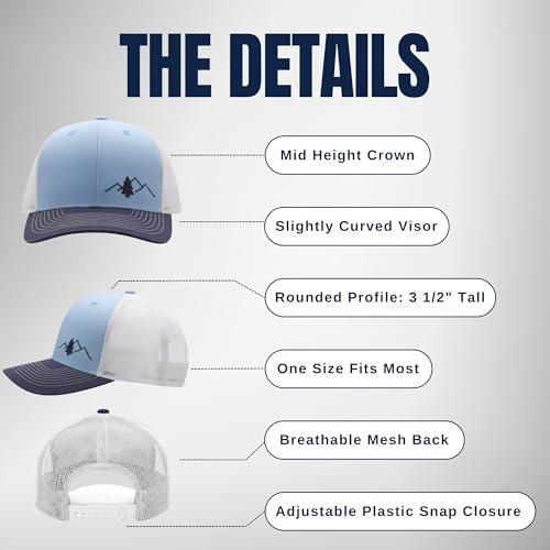 LINDO Trucker Hat [ Great Outdoors Design ] for Men and Women: Mid Profile Cap with Breathable Mesh Back and Adjustable Snap - color: Navy/Sky/White