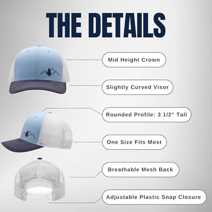 LINDO Trucker Hat [ Great Outdoors Design ] for Men and Women: Mid Profile Cap with Breathable Mesh Back and Adjustable Snap - color: Navy/Sky/White