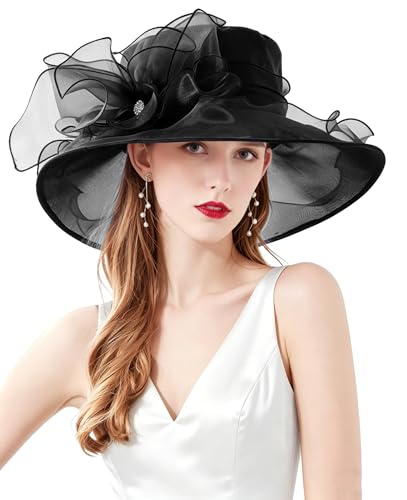 Women Derby Fascinator Hat Organza Church Wedding Hats Wide Brim Cocktail Tea Party Hat - color: 14black