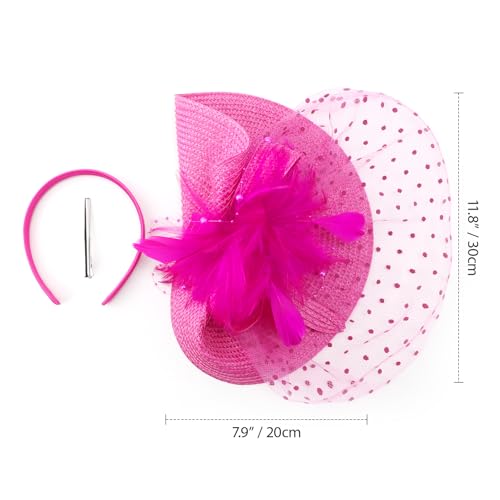 DRESHOW Fascinators Hat Flower Mesh Feathers Hat with a Headband and a Clip 7.9" Tea Party Headwear for Women - color: Folded Style 1: Rose Red / 7.9"