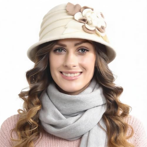 Vintage Women Floral Wool Dress Cloche Winter Hat 1920s - color: C020-cream