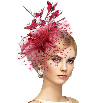 Zinniday Butterfly Derby Hat 2025 - Classic Tea Party Hats with Hair Clip, 1920s 50s Fascinators for Lady Woman - color: Red