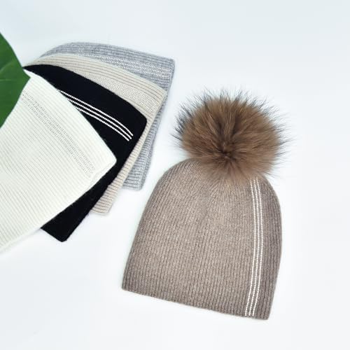 Women's Knitted Angora Wool Hat for Autumn and Winter Warm and Stylish with Rolled Brim and Slanted Rhinestones Cap - color: A-camel