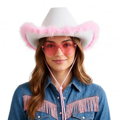 4E's Novelty Cowboy Hat with feathers With Heart Shaped Sunglasses for Women, Felt Cowgirl Hat for Party Costume Dress Up - color: White & Pink