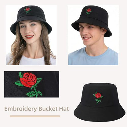 ZLYC Cotton Bucket Hat for Women Men Embroidered Packable Summer Sun Cap - color: Rose Black
