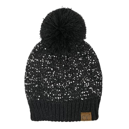C.C Sequin Pom Beanie for Women - Acrylic Stretchable Soft Warm Knit Winter Skully Hat with Yarn Pom - color: Sequin-black / Black