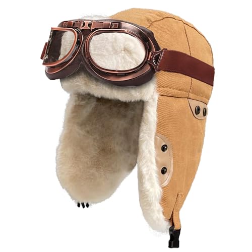 Peicees Aviator Hat and Goggles for Adult Costume Accessories Pilot Cap Vintage Goggles Trapper Hat with Fur Ear Flaps - color: Camel Hat+cooper Frame/Clear Lens