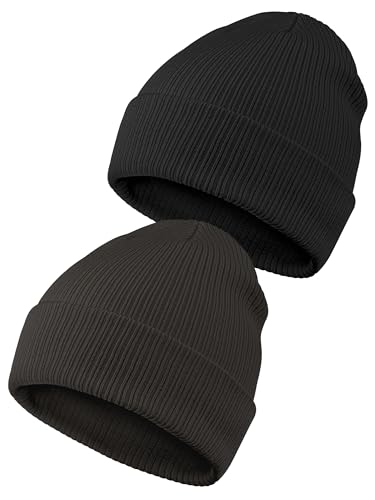 2 Packs Unisex Cotton Beanie Hats Winter Soft Warm Slouchy Knit Beanies Cuffed Skull Cap for Men Women - color: Black, Dark Gray