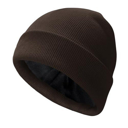 PFFY Beanie for Men Women Unisex Knit Cuffed Winter Thick Lined Beanies Hat - color: Pure Brown