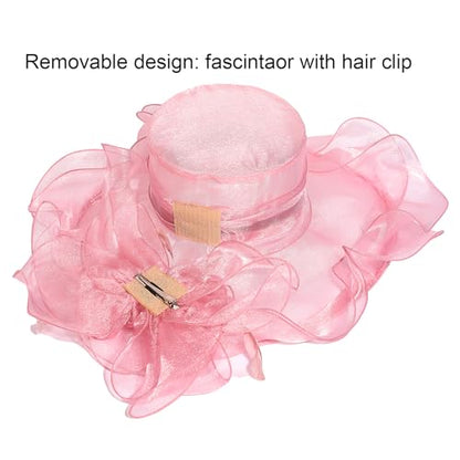 Women Oganza Sun Hat Church Wide Brim Wedding Formal Fascinator Hat - color: Pink
