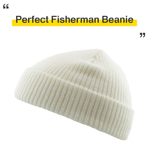 Fisherman Short Beanie Leon Roll up Trawler Classic Skullcap Hipster Beanie Warm Winter Hats Acrylic Ribbed Knit Cuff Daily - color: White Fisherman Beanie