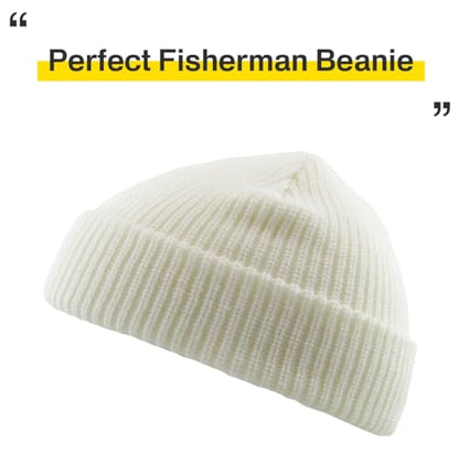 Fisherman Short Beanie Leon Roll up Trawler Classic Skullcap Hipster Beanie Warm Winter Hats Acrylic Ribbed Knit Cuff Daily - color: White Fisherman Beanie