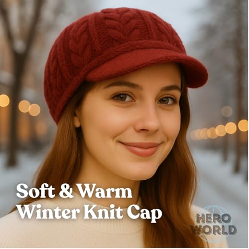 Women Knit Visor Beanie Warm Winter Hat Soft Cable Knit Cap Cozy Brim Style for Fall and Cold Weather - color: Cream