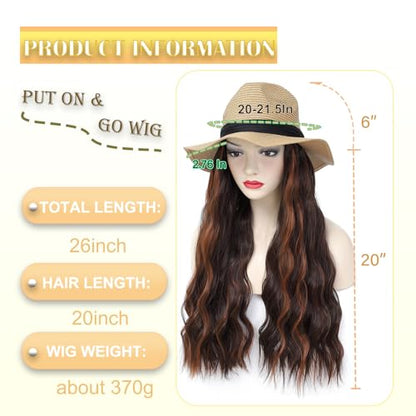 Hat Wig Panama Hat with Mix Brown Long Wave Hair Attached for Women Khaki Color Wide Brim Straw Beach Sun Hat Wig - color: K-Mbrown