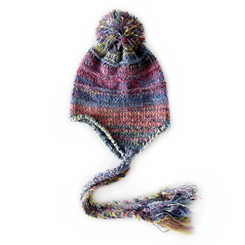 yolrdiw Women's Boho Crochet Colorful Hat Tassel Braid Winter Knit Beanie with Ear Flaps Pom Pom - color: Rose Red Blue