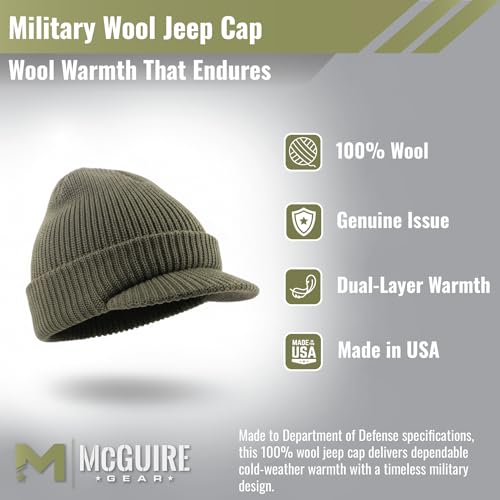 M MCGUIRE GEAR Genuine G.I. Winter Beanie Cap with Visor, 100% Wool Fitted Cap, Made in USA - color: Navy