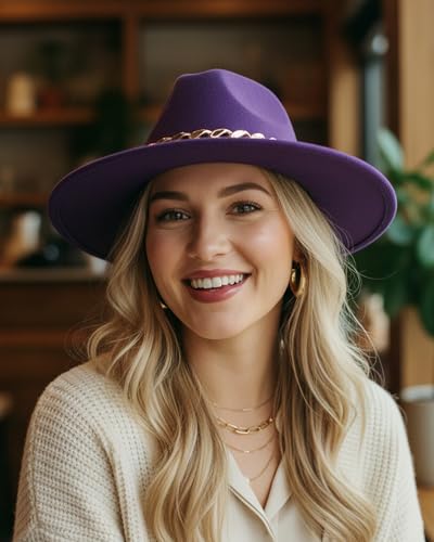 Men & Women Wide Brim Fedora Hat with Chain Buckle - color: Chain Belt-purple