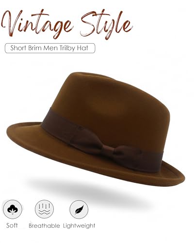 Fedora Hats for Men Women 1920s Short Brim Felt Trilby Hat - color: Coffee