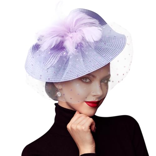 DRESHOW Fascinators Hat Flower Mesh Feathers Hat with a Headband and a Clip 7.9" Tea Party Headwear for Women - color: 1 Pack Folded Style 1: Lavender / 7.9"