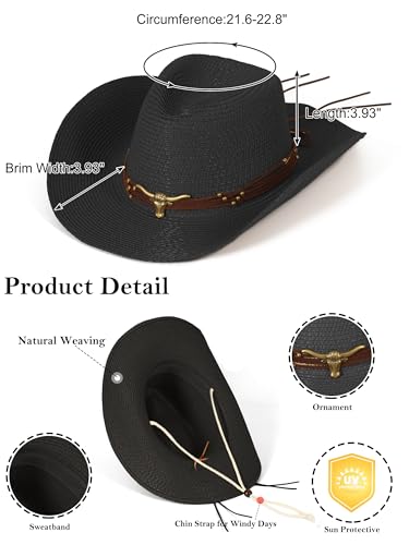 Straw Cowboy Sun Hat Western Cowgirl Women Men with Windproof Chin Strap - color: 블랙.