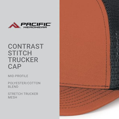 Pacific Headwear Contrast Stitch Trucker Pacflex Snapback Cap - color: Rust/Light Charcoal/Rust