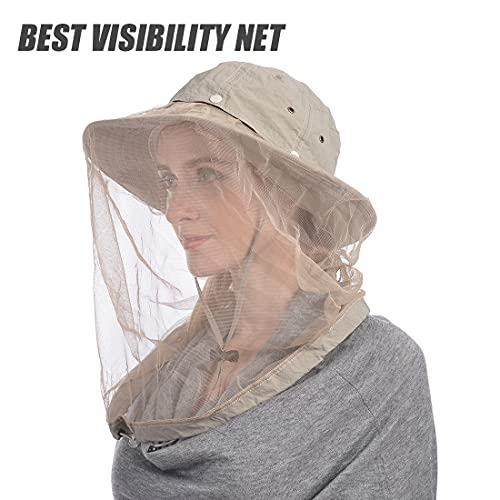 USHAKE Head Net Hat, Safari Hat Sun Hat Bucket Hat with Hidden Net Mesh - color: Khaki