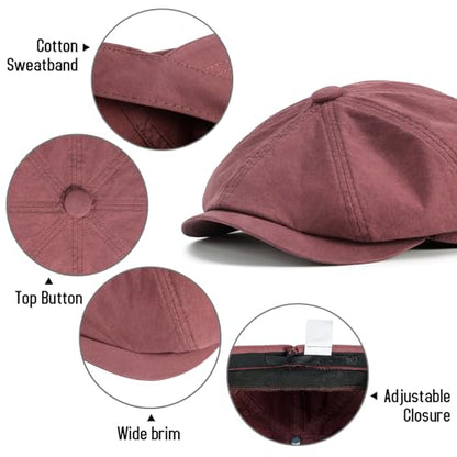 BOTVELA Men's Newsboy Gatsby Hat Cotton Cabbie Cap - color: Burgundy, size: 7 1/2