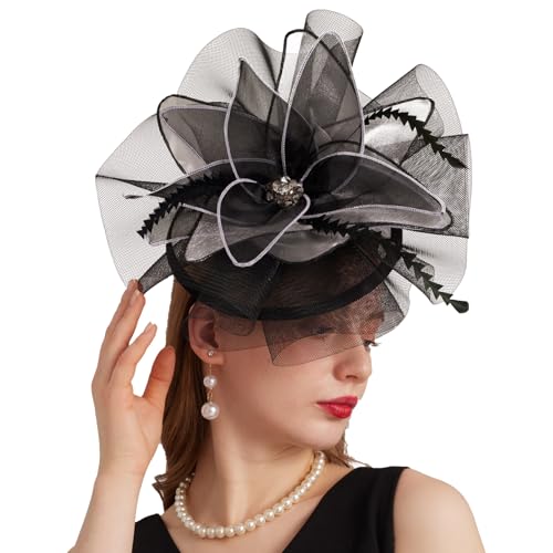 Women Organza Church Derby Hat Wide Brim Sun Caps for Wedding Tea Party Hat with Detachable hat Flower as Headgear - color: 10-black