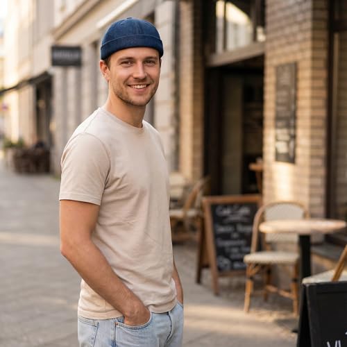 Denim Brimless Hats for Women Men Docker Style Cap Vintage Sailor Beanie Hat - color: Navy Blue