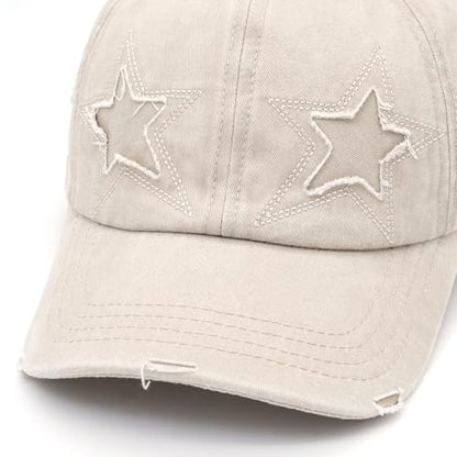 Retro Washed Distressed Baseball Cap with Five Pointed Stars for Women Men - color: Beige