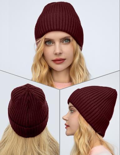 Satin Lined Wool Acrylic Blend Beanie Hat Women Men, Winter Knit Cap - color: Wine-red