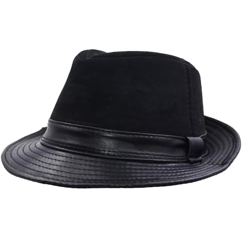 Genuine Leather Jazz Hat Short Brim Classic Fedora Porkpie Hat - color: Black, size: Large