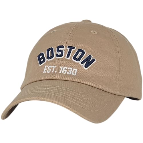 E BY ELIDAN Boston EST 1630 Dad Hat, Embroidered Cotton Baseball Cap - color: Khaki Est 1630