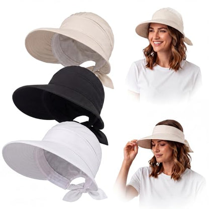 3 Pcs 2-in-1 Women's Visor Sun Hat Foldable Zip-Off Beach Hat Ponytail UV Protection Summer Visors for Women