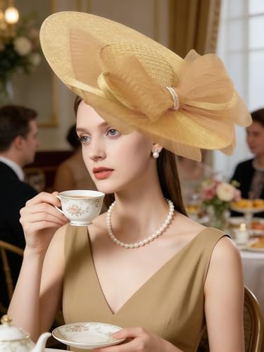 dressfan Wide Brim Fascinator Hats for Women,20s Linen Rhinestones Bow Big Hat for Derby Church Wedding Tea Party - color: Khaki