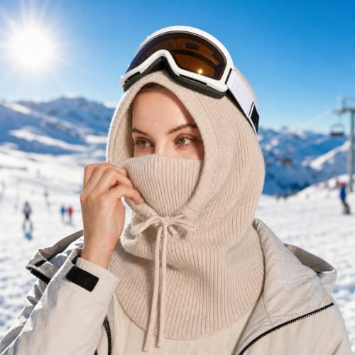 Knit Balaclava for Women Winter Hats Ski Mask Face Cover Neck Warmer - color: Beige