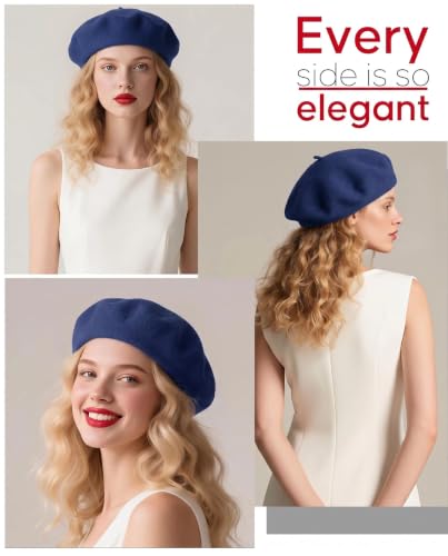 French Beret Hats for Women - Wool Solid Color Beanie Cap - color: Navy Blue
