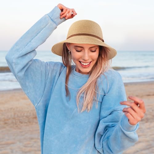 Tavaleu Sun Beach Hats for Women Wide Brim Straw Hats Foldable Summer Hat - color: 9cm-khaki Strap