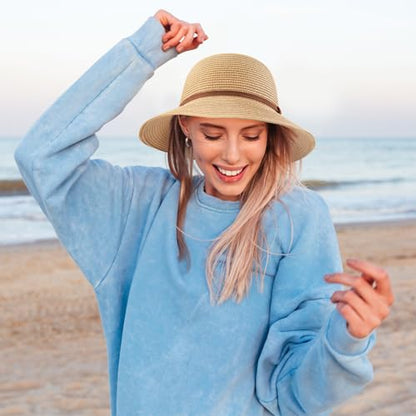Tavaleu Sun Beach Hats for Women Wide Brim Straw Hats Foldable Summer Hat - color: 9cm-khaki Strap