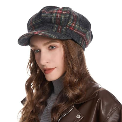 ZLYC Women Classic Newsboy Cap Visor 8 Panel Gatsby Cabbie Paperboy Hat - color: Tartan Plaid Dark Gray