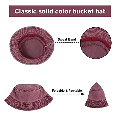 Washed Cotton Bucket Hats Packable Summer Beach Cap for Men Women - color: Ce-bh-black-gray-winered