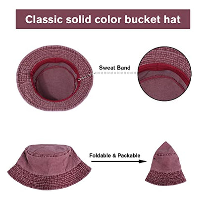 Washed Cotton Bucket Hats Packable Summer Beach Cap for Men Women - color: Ce-bh-black-gray-winered
