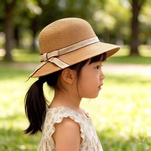 Summer Little Girl Kids Breathable Straw Hat Foldable UV Protection Bowknot Wide Brim Floppy Beach Sun Visor Hats - color: Khaki